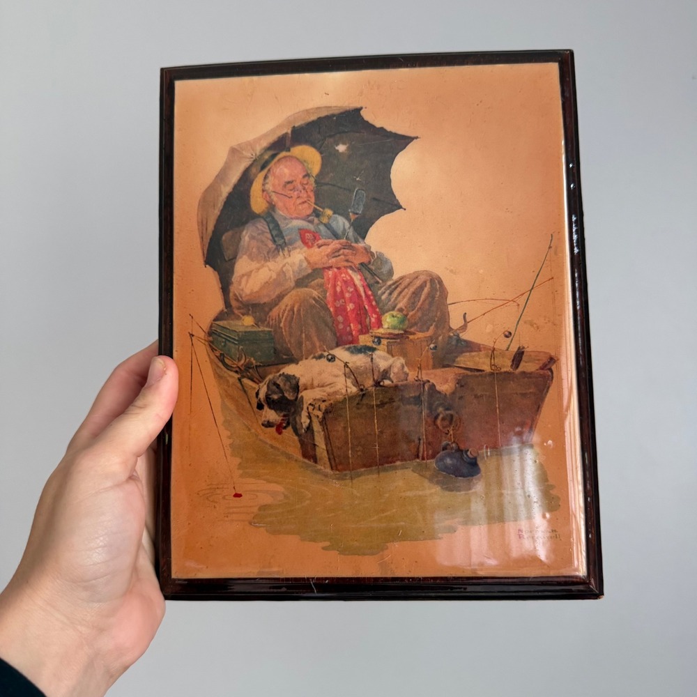Norman Rockwell Gone Fishing Wood Plaque Vintage Decoupage Wall Art 8x10